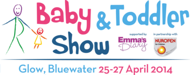 This image is advertising a Baby & Toddler Show supported by Nurofen and in partnership with Emma's Stary, taking place at Glow in Bluewater from 25-27 April 2014.