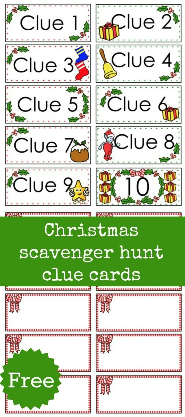 Free Christmas Scavenger hunt clue cards for those Chrismas Scavenger hunts with the kids. 10 cards with clue numbers on the front and space to write clues on the back.