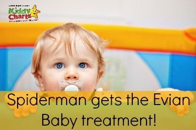 In this image, Spiderman is being given a spa-like treatment with Evian Baby products.
