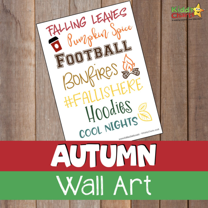 This image is promoting KiddyCharts' Fall-themed products, such as pumpkin spice, hoodies, and wall art.