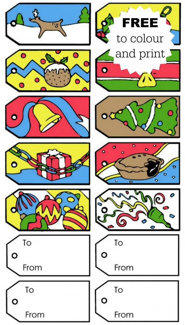 Christmas gift tags for kids to colour, or to print out for free for your Christmas presents