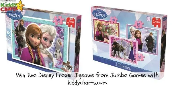 The image is advertising a giveaway of two Disney Frozen jigsaw puzzles from Jumbo Games, sponsored by kiddycharts.com.