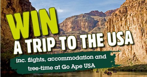 The image is advertising a contest to win a trip to the USA, including flights, accommodation, and three days at Go Ape USA.