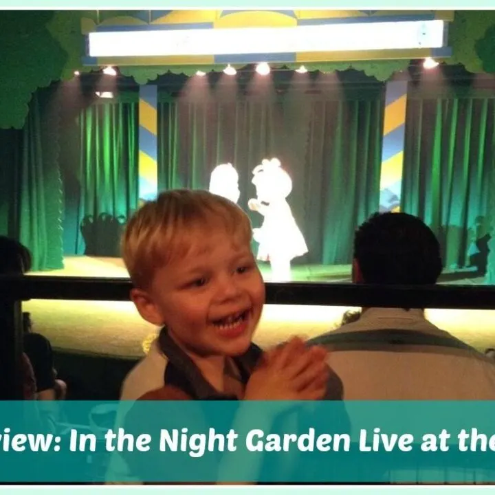 A smiling toddler is captured in a screenshot of an indoor performance of In the Night Garden Live at the 02.
