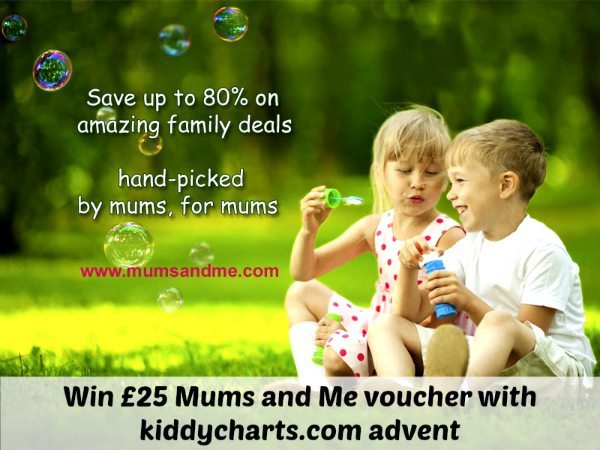 This image is advertising a promotion for a website, Mums and Me, that offers discounts of up to 80% on family deals, as well as a chance to win a £25 voucher from Kiddycharts.com.