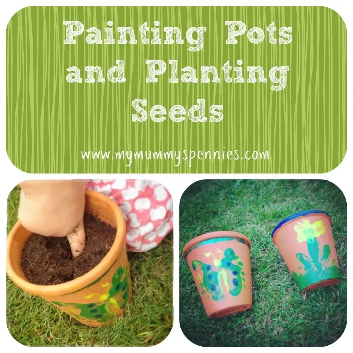 In the image, a person is painting flower pots and planting seeds in a garden.