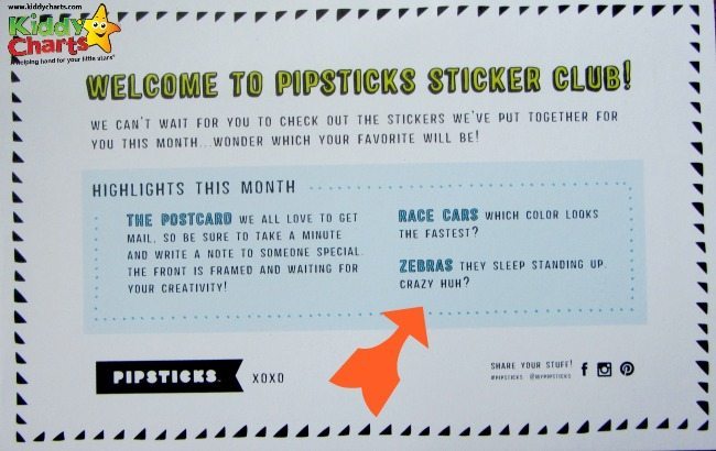 It isn't just about the stickers, Pipsticks sticker club asks your kids questions too about that month's package.