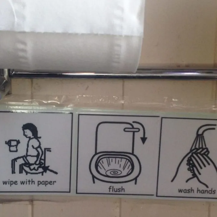 In this image, a person is demonstrating proper hygiene by sitting on the toilet, wiping with paper, flushing, washing their hands, and drying their hands.