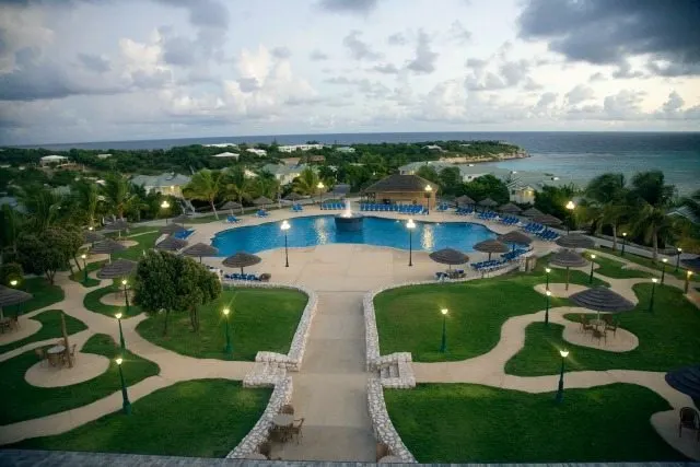 Ariel shot of Verandah Resort and Spa in Antigua's main pool area.